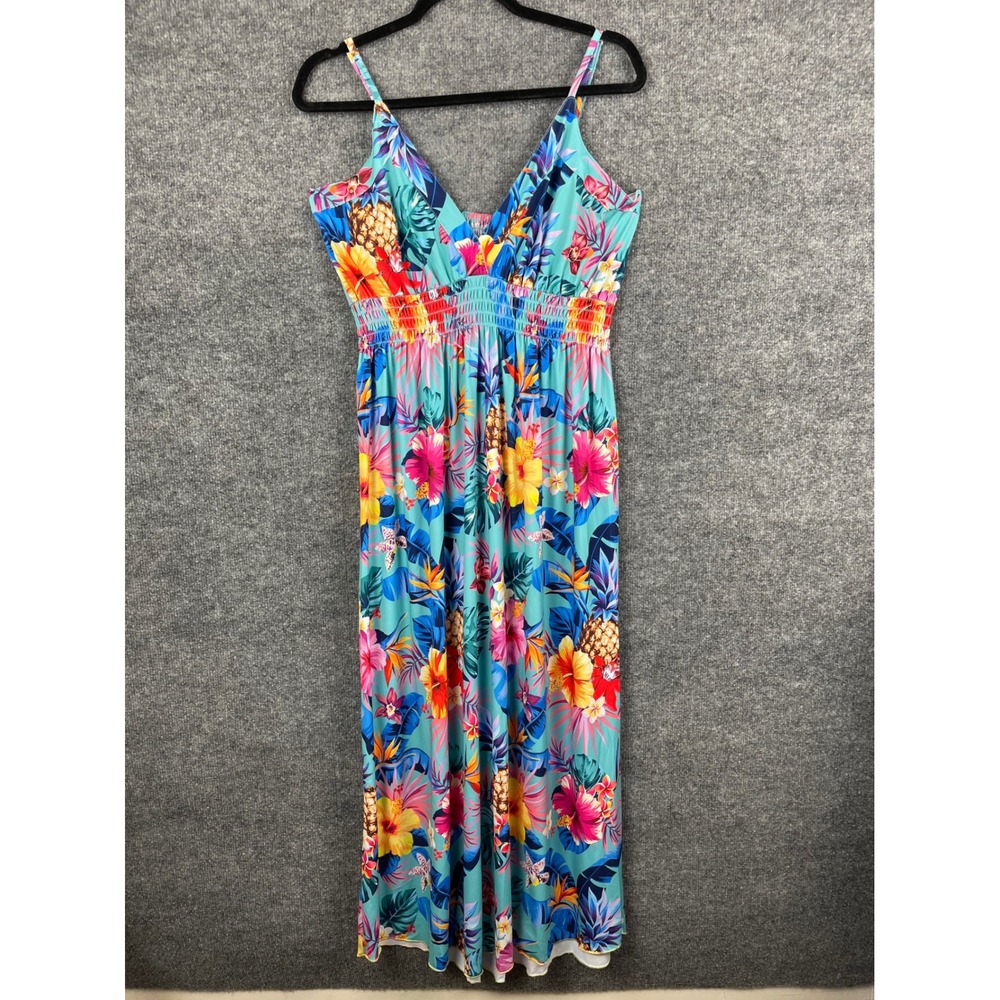 Aloha Fashion Tropical Floral Pineapple Maxi Dress Women's M Blue Smocked